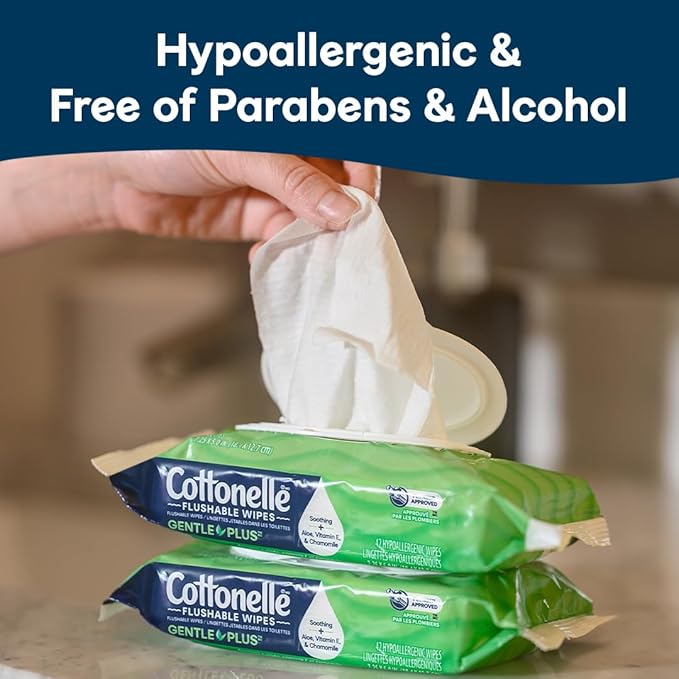 Cottonelle GentlePlus Flushable Wet Wipes with Aloe & Vitamin E, 16 Flip-Top Packs, 42 Wipes Per Pack (672 Total Wipes), Packaging May Vary