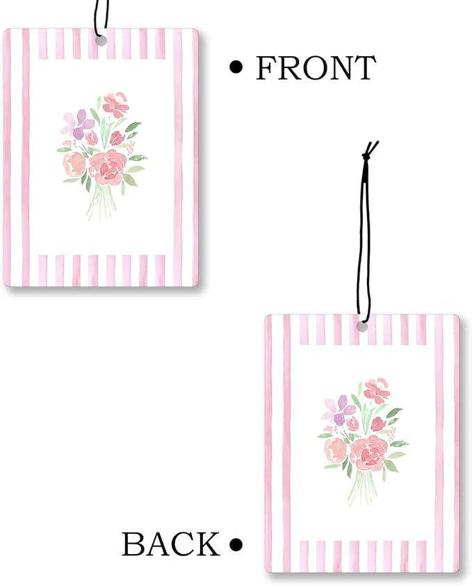 Girly Pink Floral Car Air Freshener 4 Pcs, Preppy Pink Striped Flower Hanging Scents Air Freshener for Women Girls Gifts, Cute Aesthetic Scented Car Accessories Decor for Room Closet Drawer