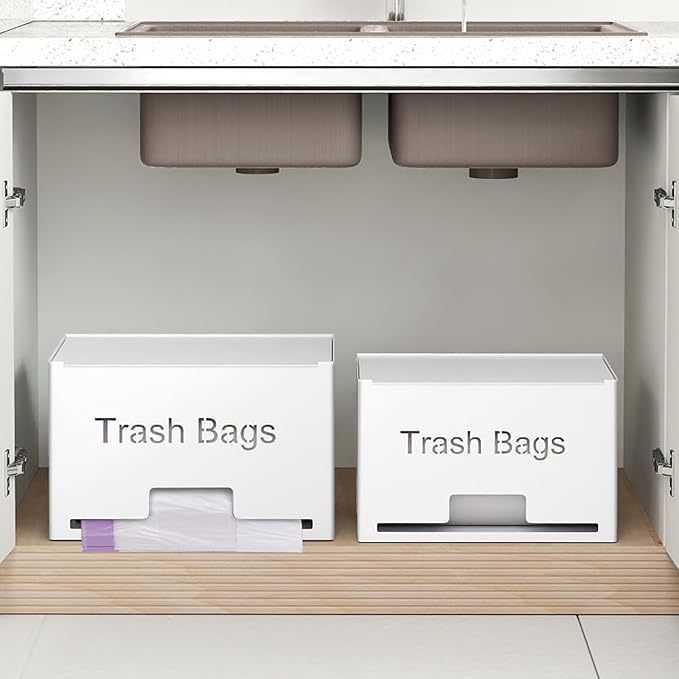 2-Pack Trash Bag Holder Dispenser, Stackable Garbage Bag Dispenser, Extra Large Trash Organizer for Kitchen Laundry Under Sink, Wall Mounted or Freestanding, Metal White