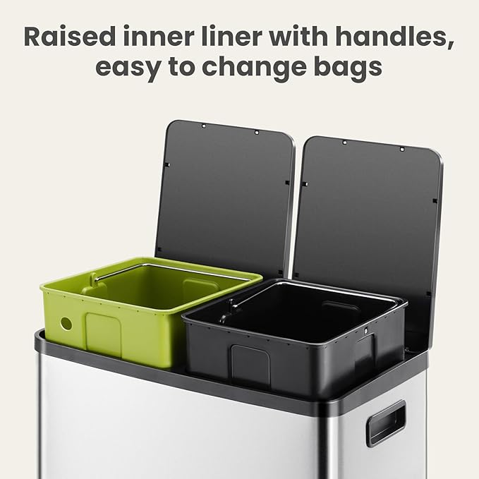 DUMOS Kitchen Trash Can, 2×8-Gallon Garbage Can with Lid, Stainless Steel Trash Bin with 2 Removable Inner Buckets, Soft-Close Foot Pedal, Fingerprint-Resistant for Kitchen Home Office