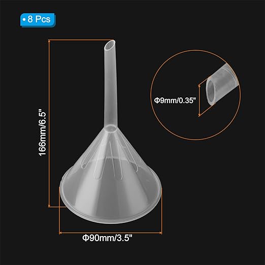 PATIKIL 3.5 Inch Clear Plastic Funnel, 8 Pcs Wide Mouth Multipurpose Transfer Funnel with Long Spout for Filling Water Bottle Liquid Lab Spices Powder Oil