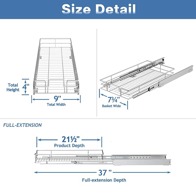 Pull Out Cabinet Organizer 9" W x 21½" D, Heavy Duty Cabinet Pull Out Shelves, Slide Out Drawers Organization for Kitchen Cabinets Bathroom
