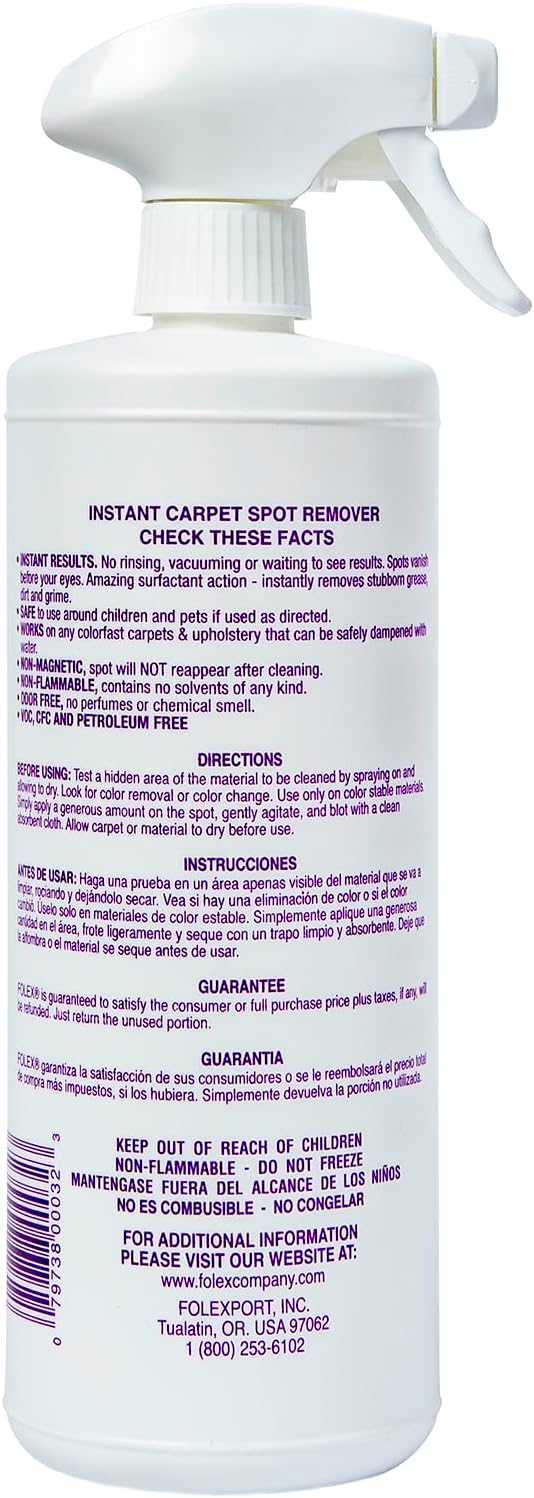 FOLEX Instant Carpet Spot Remover 32 oz – Powerful Stain Remover for Carpets, Upholstery & Rugs – Eliminates Pet Stains, Grease, Red Wine, Food, Makeup & More – With Reusable Cleaning Cloth – 1 Pack