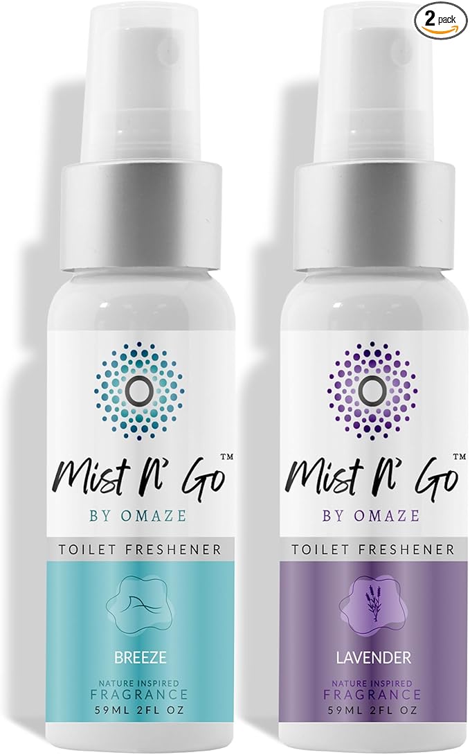 Mist N’ Go by Omaze Travel Bathroom Spray for Toilet Spray Odor Eliminator - Travel Toilet Spray for Bathroom Air Freshener Spray for Bathroom Deodorizer - Popular Mix, Regular Size (2oz x2)