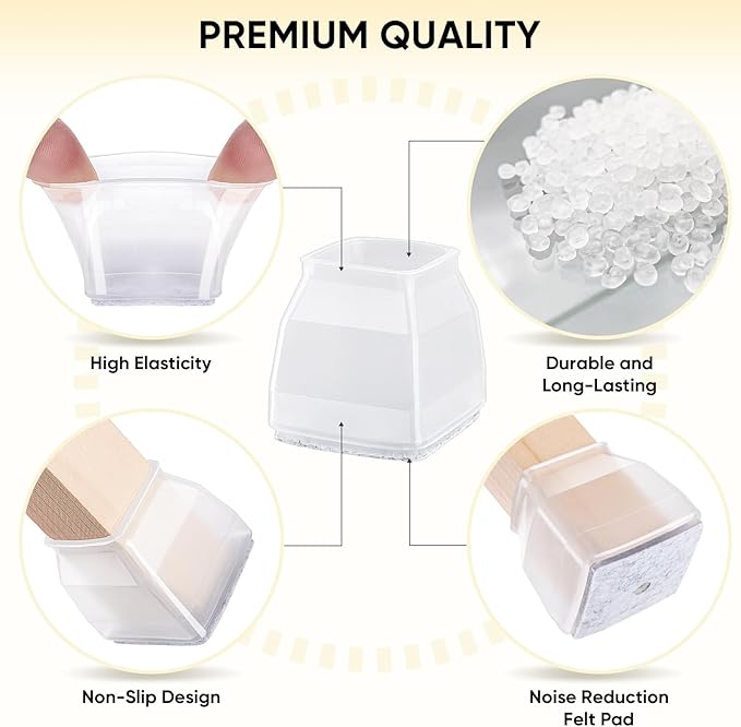 BALEINE 16 Pack Silicone Chair Leg Floor Protectors, Stool Leg Protectors Cap, Non-Slip Chair Leg Caps for Hardwood Floors (Clear & Small (Square), 16 Pack)