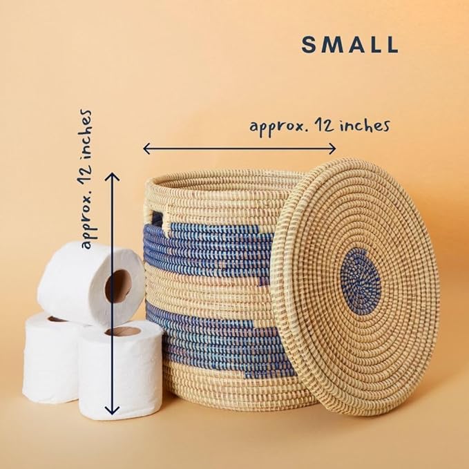 Storage & Organization - Laundry Basket, Bedroom Hamper, Nursery Toys Bin, Living Room Blankets Storage, Decorative, Wicker, Sturdy, Round, Handles, Woven, Blue Beige (Medium)