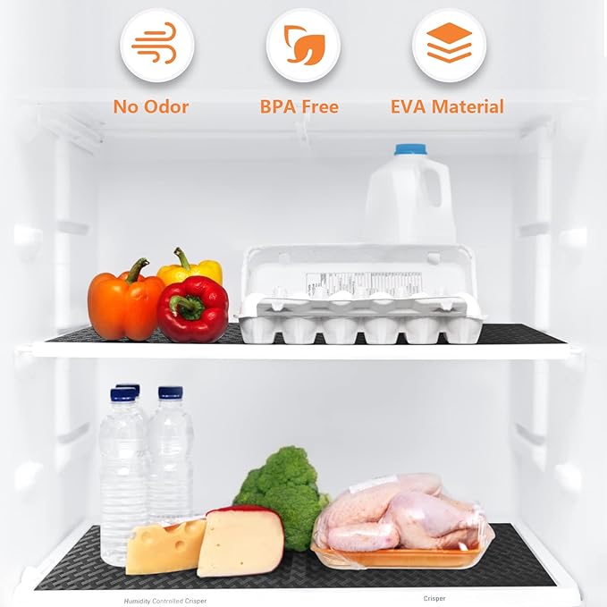 Shelf Liners for Kitchen Cabinets Refrigerator Liners Waterproof Kitchen Cupboard Liner Non-Slip Drawer Mats EVA Material Non Adhesive Fridge Liner for Shelves - Black（17.5 x 236.2 Inches x 2 Rolls