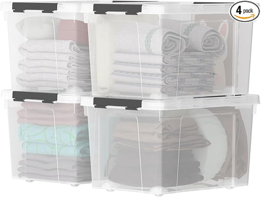 Zopnny 52 Quart Stackable Plastic Storage Bins with Latching Lids, Large Rolling Storage Containers, Pack of 4