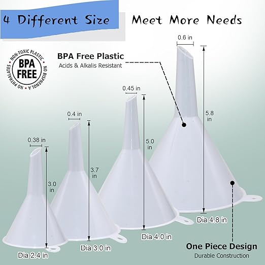 6 Pack Funnels for Kitchen Automotive Use Filling Bottles, Plastic Funnels Assorted 4 Sizes, Silicone Collapsible Funnel Set 2 Small and Large for Liquids, Oils, Powders Transfer, Cooking
