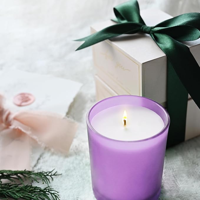 14 OZ Thick Candle Jars for Making Candles 12 Pcs, 3 Wick Empty Jars with Wood Lids for Candle Making, Sample Container, Frosted Purple