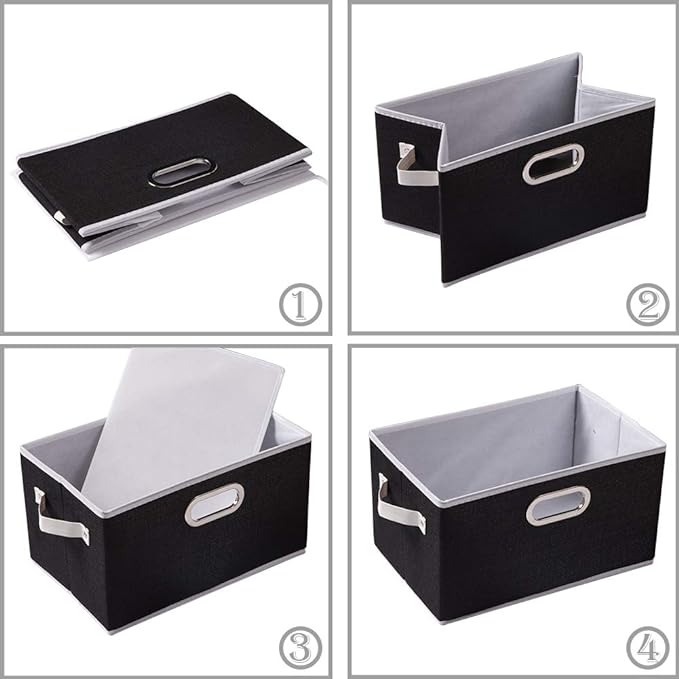 PRANDOM Large Collapsible Storage Bins for Closet [3-pack] Decorative Fabric Storage Baskets Cubes with Leather/Metal Handles for Shelves Bedroom Living Room Black (14.9x9.8x8.3 Inch)