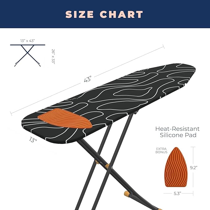Ironing Board, Compact and Space Saver Ironing Board with Extra Thick 3 Layers Cover, Height Adjustable, Easy Storage with Smart Hanger and Heavy Duty Steel Legs, Black (13x43)