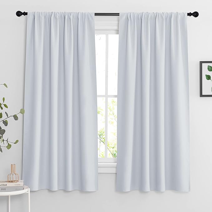 RYB HOME Blackout Curtains 63 inches Long - Energy Saving Insulation Large Window Curtain Blinds for Bedroom Living Room Dining Basement Home Office, W 62 x L 63 per Panel, Greyish White, 2 Pcs