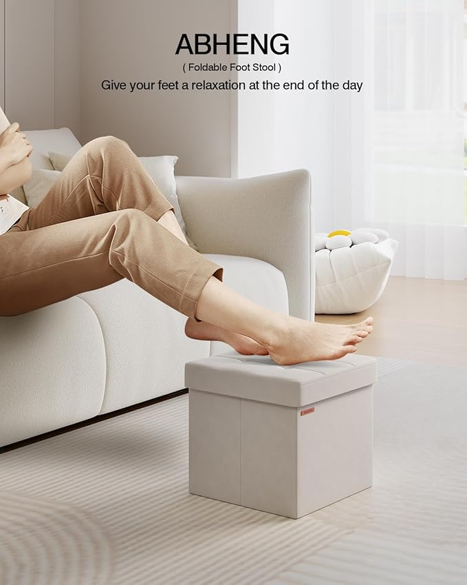 Folding Storage Ottoman, Velvet Storage Bench, Footrest, Footstool,for Living Room, Bedroom and Office,15 x 15 x 15 Inches, 300 kg Load Capacity,Cream White, UASND04W