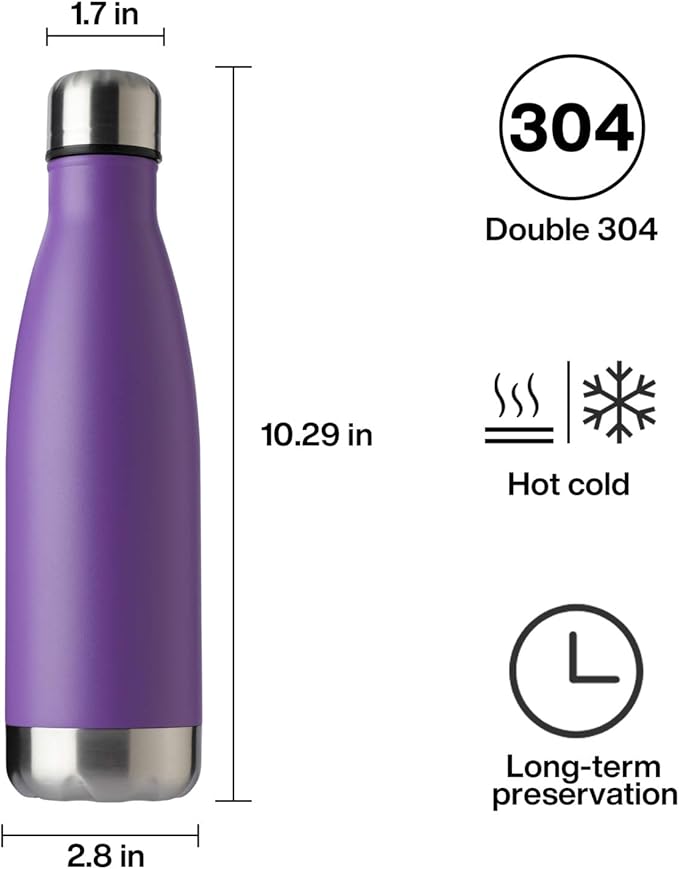 MEWAY 17oz Sport Water Bottle 8 Pack Vacuum Insulated Stainless Steel Leak-Proof Double Wall Cola Shape Water Bottle,Keep Drinks Hot & Cold (Purple,8 Pack)