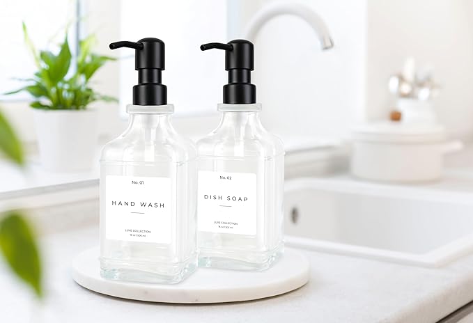 Emerson Essentials Glass Soap Dispenser Set – 16 oz 2-Pack – Refillable Dish & Hand Soap Dispensers for Kitchen or Bathroom – Stainless Steel Pump & 5 Waterproof Labels