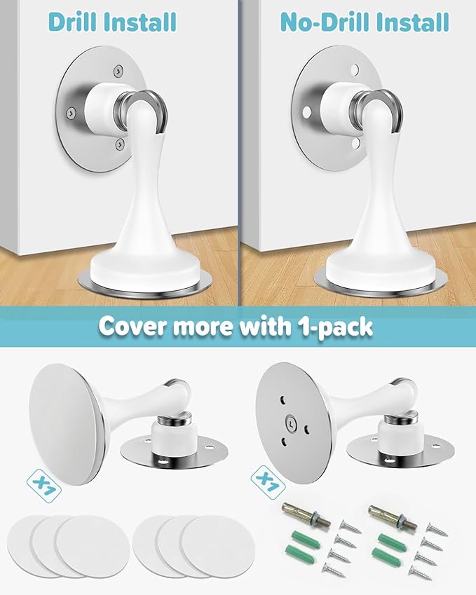 Magnetic Door Stoppers Door Catch - 1 Pack Stainless Steel Heavy Duty Door Stops for Bottom of Door, Wall & Floor Mounting No-Drill Strong Adhesive & Screws, Strong Door Holder to Keep Door Open