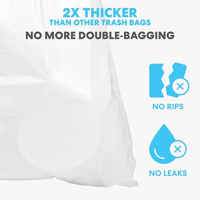 SIMPLI-MAGIC 8 Gallon Drawstring Trash Bags, 120 Pack – Tall Kitchen Garbage Bags, Custom Made with Premium Materials (White)