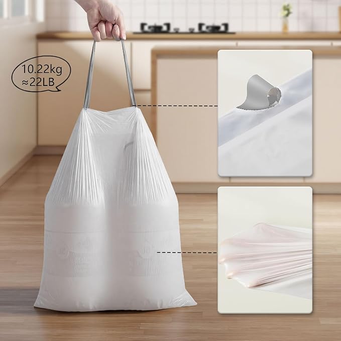 270 Count Heavy-Duty Trash Bags, Compatible with 6-7 Gallon Trash Can, Pre-Separated Drawstring Kitchen Garbage Bags, Ideal for Home & Office, 19.9 x 29.1 Inches, 6 Rolls, White