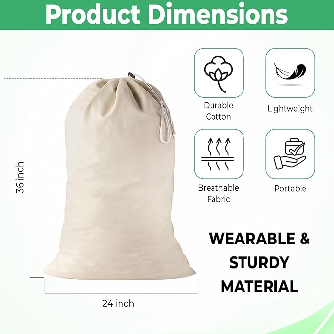 Large Cotton Laundry Bags 24x36 Inch with Drawstring, Heavy Duty Travel Organizer for Hamper, Basket, Camp – Beige (2 Pack)