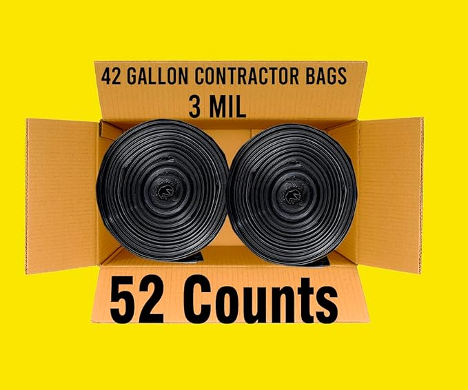 Contractor Heavy Duty Trash Bags 42 Gallon | 52 Count | 3 MIL | 32.8" X 46" | Large Black Flap Tie Construction Garbage Bags for Business Home Commercial, Industrial, Storage, Outdoor