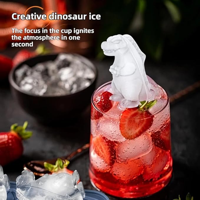7.48inch Newly Upgraded 4-grid 3D Dinosaur Ice Tray and Covered Silicone Ice Tray, Suitable for Bars, Outdoor and Home Use (1, 2 colors randomly)