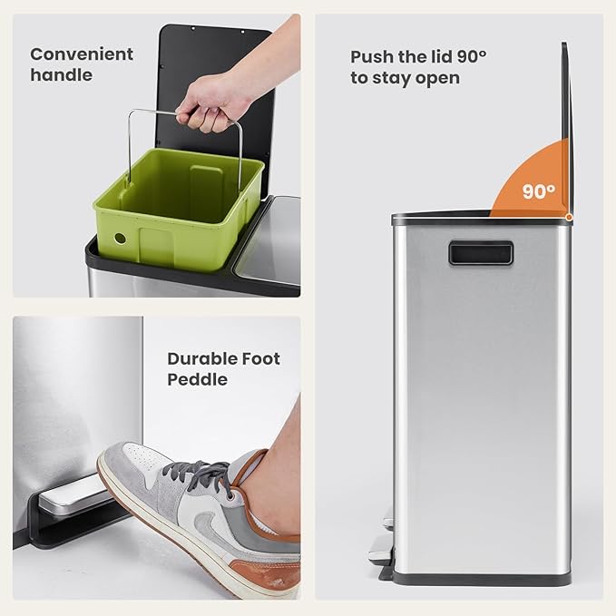DUMOS Kitchen Trash Can, 2×8-Gallon Garbage Can with Lid, Stainless Steel Trash Bin with 2 Removable Inner Buckets, Soft-Close Foot Pedal, Fingerprint-Resistant for Kitchen Home Office