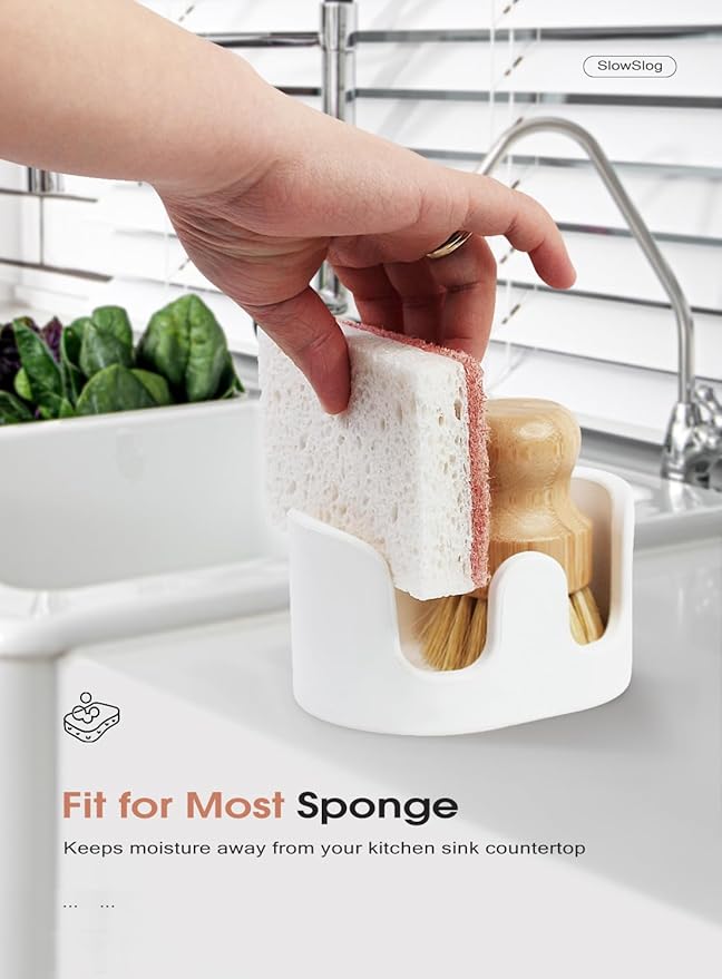 Double Sponge Holder, Water-Absorbing Stone Dish Sponge Caddy for Kitchen Sink Counter, Fast-Drying Stone Sponge Holder with 6 Sponges and 1 Brush, White