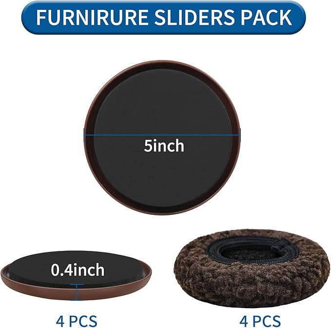 5" Furniture Sliders, 2-in-1 Furniture Movers Sliders with Hardwood Socks, 4+4 Pack - 4 Furniture Sliders for Carpet and 4 Hardwood Socks, Move Your Furniture Easily!