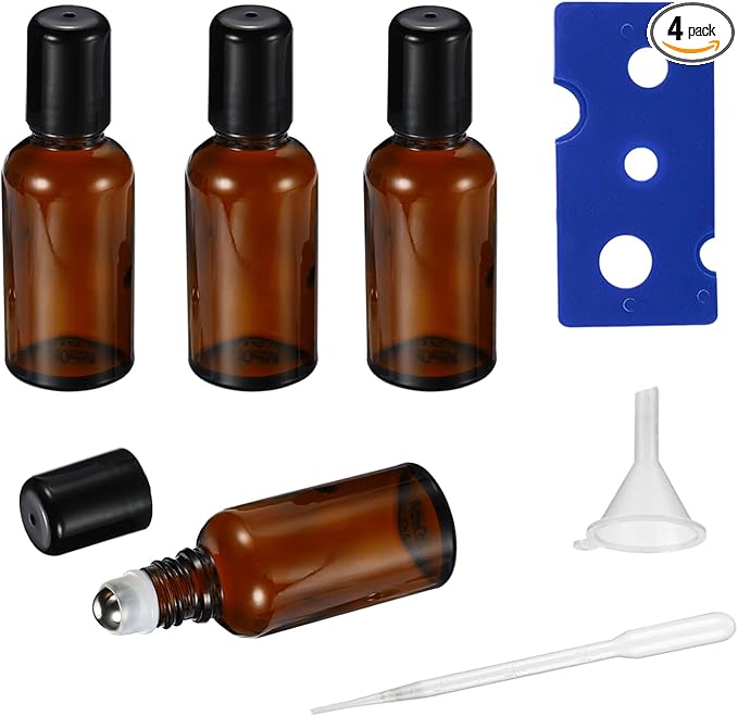 15ML Roller Bottles for Essential Oil, 4 Pack Empty Amber Glass Roller Bottle for Perfume Oil, Roll on Bottles with Stainless Steel Roller Balls, Opener, Funnel and Dropper