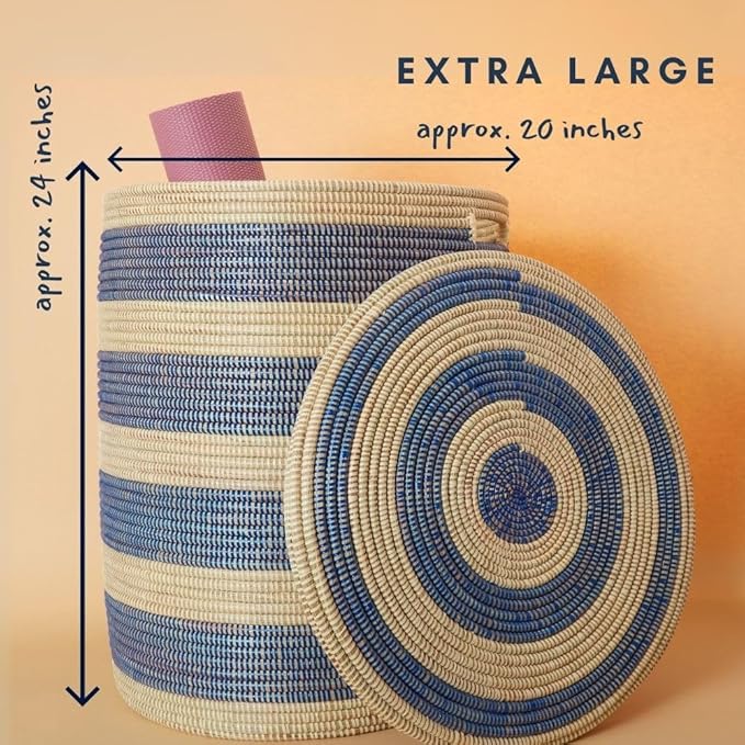 Storage & Organization - Basket, Laundry Hamper, Nursery Toys Bin, Living Room Blankets Storage, Decorative, Wicker, Woven, Sturdy, Round, Handles, Navy Blue, Large