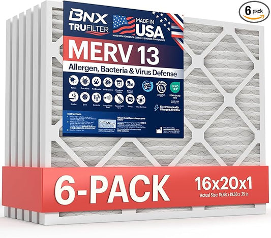 BNX TruFilter 16x20x1 Air Filter MERV 13 (6-Pack) - MADE IN USA - Electrostatic Pleated Air Conditioner HVAC AC Furnace Filters for Allergies, Pollen, Mold, Bacteria, Smoke, Allergen, MPR 1900 FPR 10