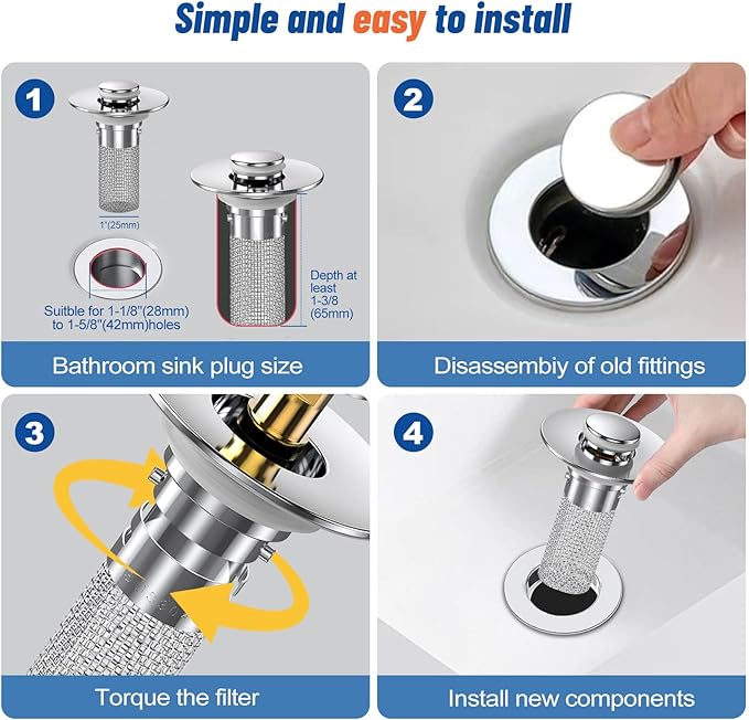 2PC Bathroom Sink Stopper Hair Catcher, Pop Up Sink Drain Filter with Removable Stainless Steel Filter Basket Hair Catcher, for US Bathroom Sink Stopper Replacement.