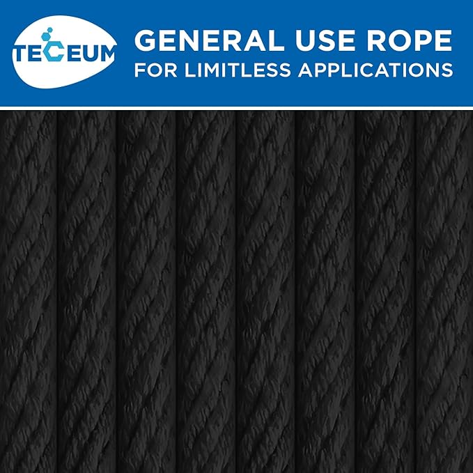 TECEUM Cotton Rope 3/16” (5 mm) – 100 FT – Strong All-Purpose Braided Rope – Natural Cotton – for Crafting, Сamping, Clothes Line, DIY, Indoor & Outdoor Use – Black