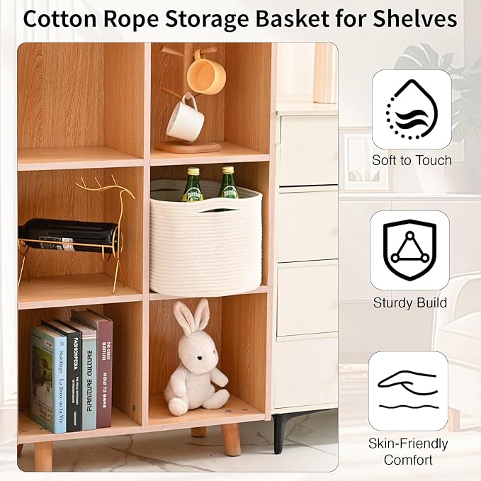 Woven Cotton Rope Storage Basket for Organizing, Cute Decorative Baskets for Gifts Empty, Organizer Bins for Dog Toy, Baby Laundry, 15“×11”×9.5“, Off White