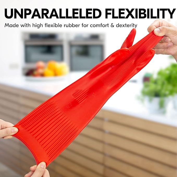 Vgo... 1-Pair Dishwashing Gloves, Reusable Household Gloves, Kitchen Gloves, Long Sleeve, Thick Latex, Cleaning, Washing, Working, Painting, Gardening, Pet Care (Size M,Red, RB2143)