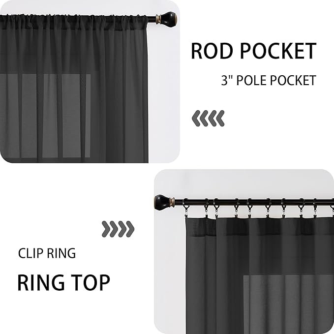Tollpiz Sheer Door Curtain Closet Linen Textured Curtains Sheer Doorway Light Filtering Voile Patio Glass Door Rod Pocket Curtain French Door, 54 x 72 inches Long, Black, Set of 1 Panel