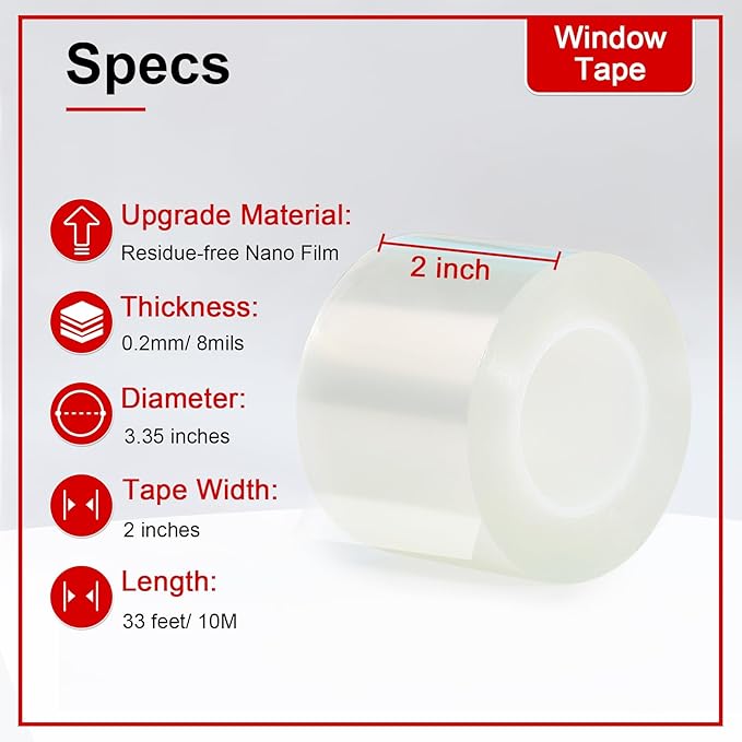 Transparent Window Weather Sealing Tape 2 Inch x 33 FT Weather Stripping Residue-Free Clear Window Insulation Caulk for Shower Glass Gaps and Clear Tape Doors Windows Windproof