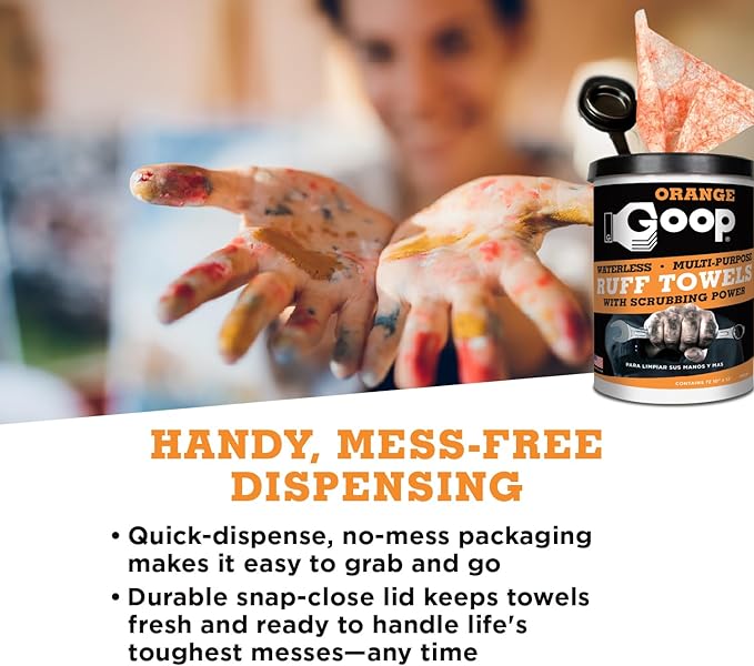 GOOP Orange Heavy Duty Ruff Towels with Scrubbing Power, 10” x 12” Dual Textured Multi-Purpose Cleaning Wipes, Removes Dirt, Grease, Oil, 72 Count