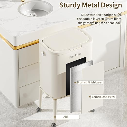 MRBIN Metal Kitchen Trash Can with Wheel Legs, 36L / 9.5gal Medium Press Lid Slim Removable Waste Basket, Pet Proof Tall Narrow Garbage Pail for Vanity, Bedroom, Bathroom, Living Room, Almond Blossom