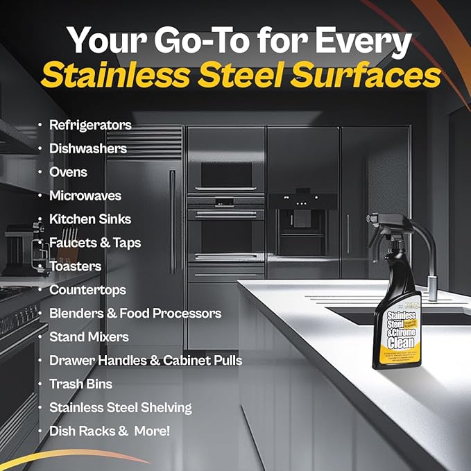 Flitz Stainless Steel & Chrome Clean - 16oz Bottle, USA-Made Stainless Steel Cleaner Spray for Appliances - Grill, Fridge, Sink Stain Remover - Also Works on Aluminum Surfaces (1 Pack)