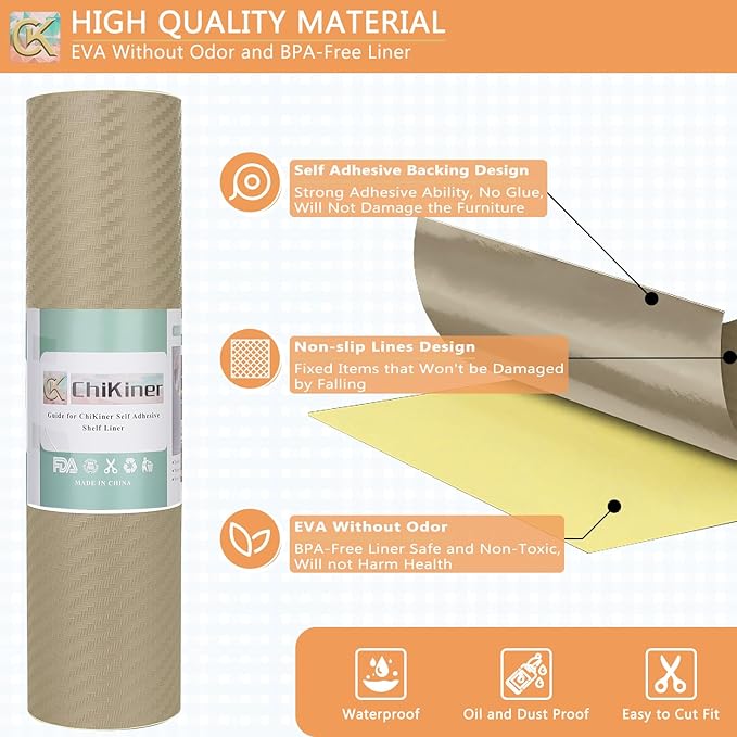 Self-Adhesive Shelf Liner Kitchen Liner, Waterproof Backed Paper Easy Peel and Stick Contact Liner Without Residue for Decor Your Desk Surface, Kitchen Countertops (Dark Khaki, 11.8 x 59 inches)