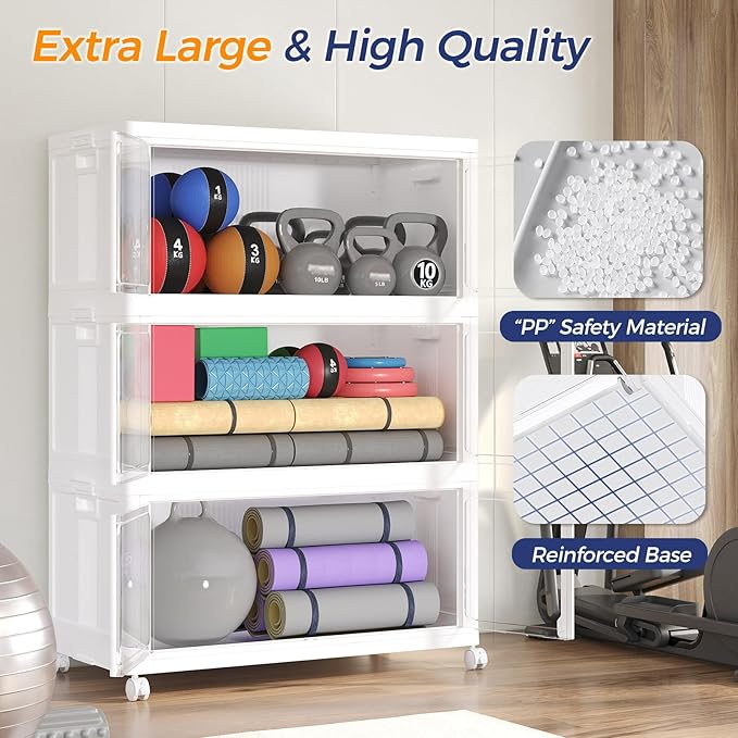 150GAL Large Stackable Storage Bins with Lid and Wheels, 600Qt Collapsible Organizer Cabinet with Clear Door, for Closet, Bedroom, Kitchen, Garage, 3-Pack White