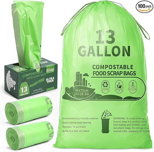 Amyhill 100 Count Compostable Kitchen Trash Bags 13 Gallon Compostable Drawstring Kitchen Waste Garbage Bags 49.2 Liter, 1.575 Mil for Bathroom Home Bedroom Office Garbage