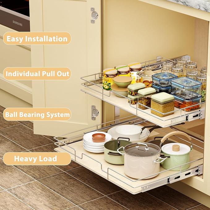 ROOMTEC 2 Tier Individual Pull Out Cabinet Organizer 31½"W x 21½"D, Slide Out Wood Shelves Organizers, Pull Out Drawers Organization and Storage for Kitchen Cabinet