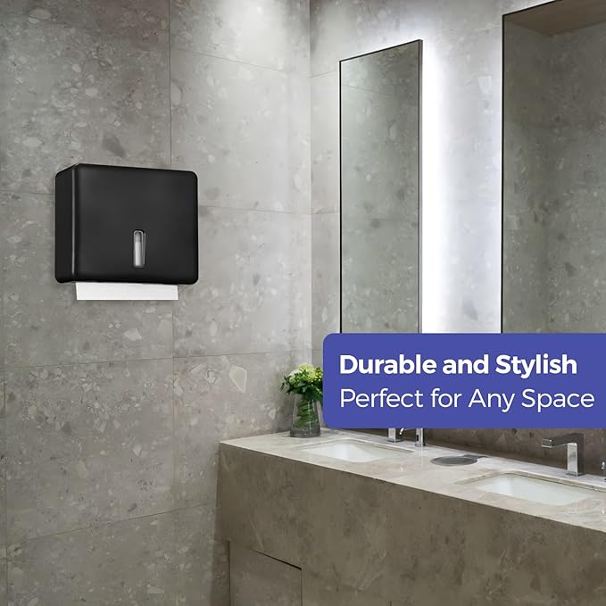 2-Pack Multifold Paper Towel Dispenser Wall Mount (Black) – Large Capacity C-Fold, Trifold, and Folded Commercial Hand Towel Holder for Bathroom & Restroom – Adhesive or Screw Mounted