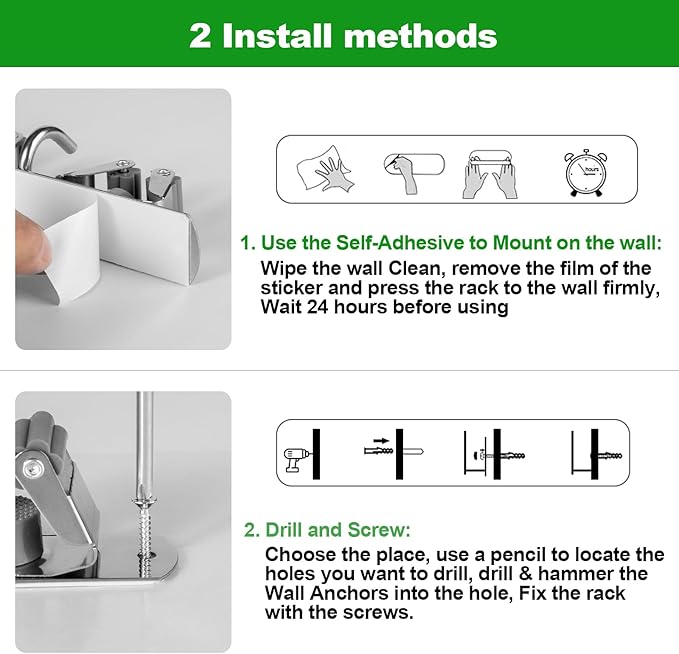 voze [2 Pack] 5 Racks and 4 Hooks Mop and Broom Holder Wall Mount, Self Adhesive Heavy Duty Broom Organizer Storage Tool Racks for Kitchen Garden Laundry Garage, Silver