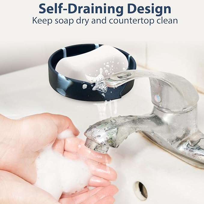 Self Draining Soap Dish, Silicone Suction Cup Soap Holder Tray Savers Container Sponge Holder for Bar Bathroom Shower Kitchen Sink, Can Extend Soap Life (1, Marble)