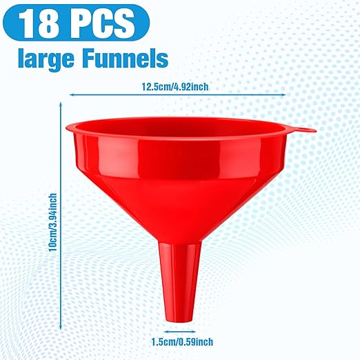 Honeydak 18 Pieces Multi-Purpose Plastic Funnels 4.7 Inch Wide Mouth Funnels for Filling Bottles, Jars, Containers Lab Use Oil Funnel for Gas, Car Oil, Lubricants and Fluids(Red)