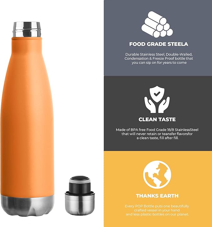 MEWAY 17oz Sport Water Bottle 8 Pack Vacuum Insulated Stainless Steel Leak-Proof Double Wall Cola Shape Water Bottle,Keep Drinks Hot & Cold (Orange,8 Pack)